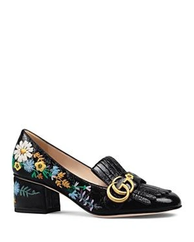 Shop Gucci Women's Marmont Embroidered Patent Leather Mid Heel Loafers In Black