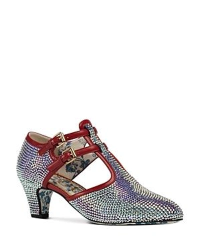 Shop Gucci Women's Crystal-embellished Satin T-strap Pumps In Silver