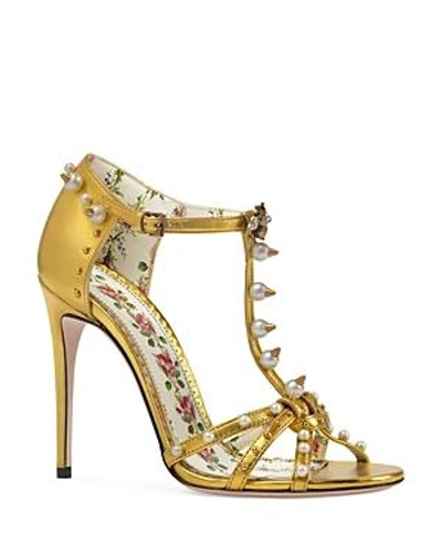 Shop Gucci Women's Regina Embellished Leather Strappy High Heel Sandals In Oro/gold