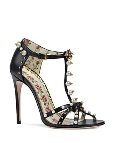 Shop Gucci Women's Regina Embellished Leather Strappy High-heel Sandals In Black