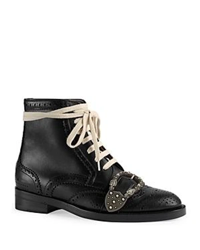 Shop Gucci Women's Queercore Leather Buckled Lace Up Booties In Black