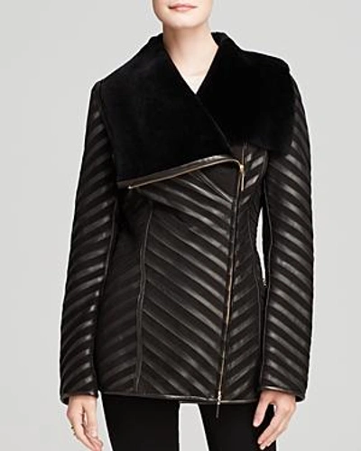 Shop Maximilian Furs Maximilian Shearling Lamb Coat With Leather Inserts In Black