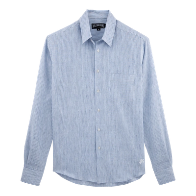 Shop Vilebrequin Men Ready To Wear - Striped Linen Shirt - Shirts - Caroubis In Blue