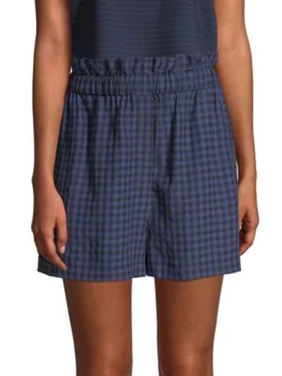 Shop Tibi Gingham Paperbag Waist Shorts In Navy