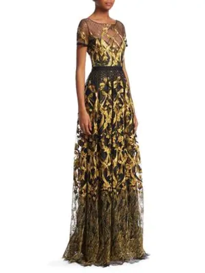 Shop Marchesa Notte Metallic Embroidered Gown In Black