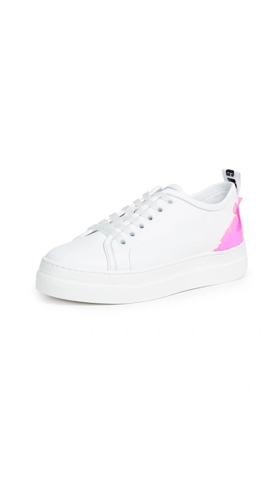 Shop Msgm Leaf Lace -up Sneakers With Cup Sole In White/neon Pink