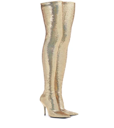 Shop Balenciaga Knife Sequinned Over-the-knee Boots In Gold