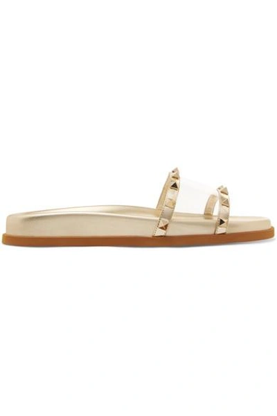 Shop Valentino Moonwalk Studded Mirrored-leather And Pvc Slides In Gold