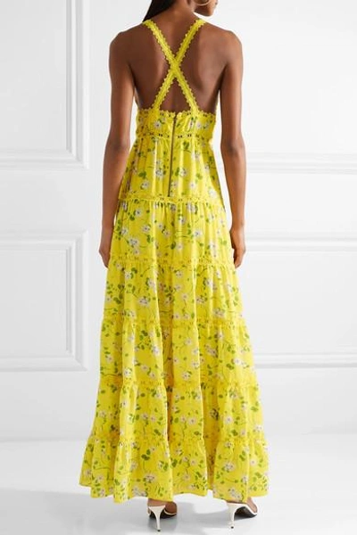 Shop Alice And Olivia Karolina Crochet-trimmed Floral-print Chiffon Maxi Dress In Bright Yellow
