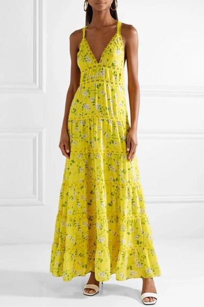 Shop Alice And Olivia Karolina Crochet-trimmed Floral-print Chiffon Maxi Dress In Bright Yellow