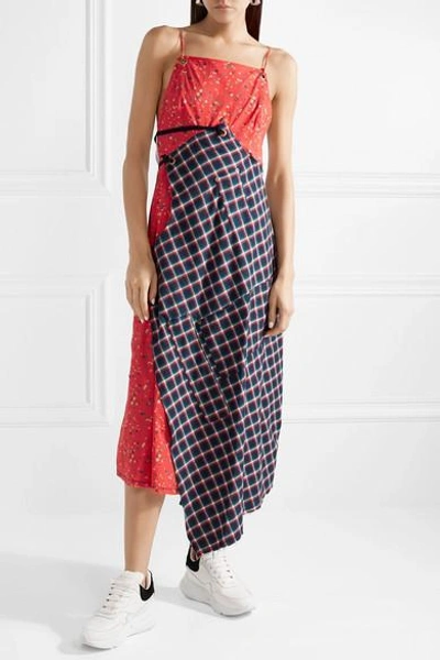 Shop R13 Asymmetric Paneled Cotton-poplin And Flannel Midi Dress In Red