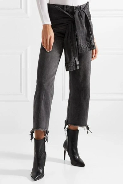 Shop Alexander Wang Tie-front Frayed High-rise Straight-leg Jeans In Dark Gray