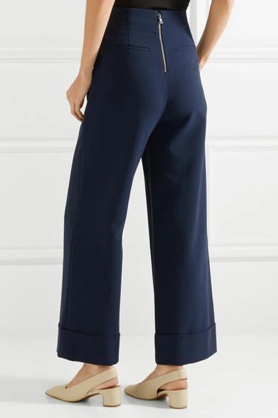 Shop Alice And Olivia Ferris Button-embellished Jersey Wide-leg Pants In Navy