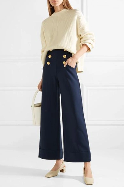Shop Alice And Olivia Ferris Button-embellished Jersey Wide-leg Pants In Navy