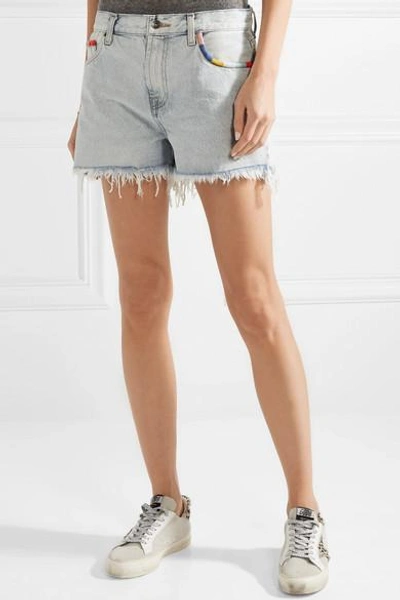 Shop Splendid + Margherita Amore Embroidered Frayed Denim Shorts In Light Denim