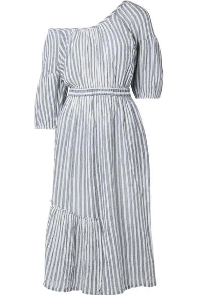Shop Apiece Apart Camellia One-shoulder Striped Cotton-voile Midi Dress In Gray