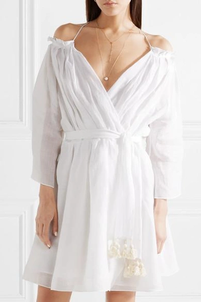 Shop Three Graces London Tessa Cold-shoulder Ramie Wrap Mini Dress In White