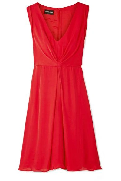 Shop Giorgio Armani Gathered Silk-chiffon Dress In Red