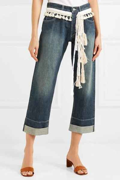 Shop Loewe Rope-trimmed Cropped Boyfriend Jeans In Mid Denim