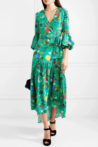 Shop Borgo De Nor Ingrid Ruffled Wrap-effect Printed Silk-crepe Midi Dress In Green