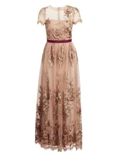 Shop ml Monique Lhuillier Short-sleeve Illusion Floral Gown In Vintage