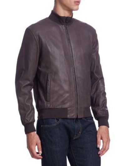 Shop Armani Collezioni Zip-up Leather Short Bomber In Chocolate