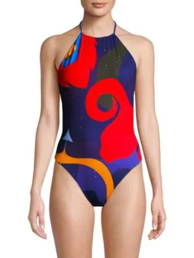Shop Missoni Multicolored One-piece Halter Swimsuit In Blue Fire