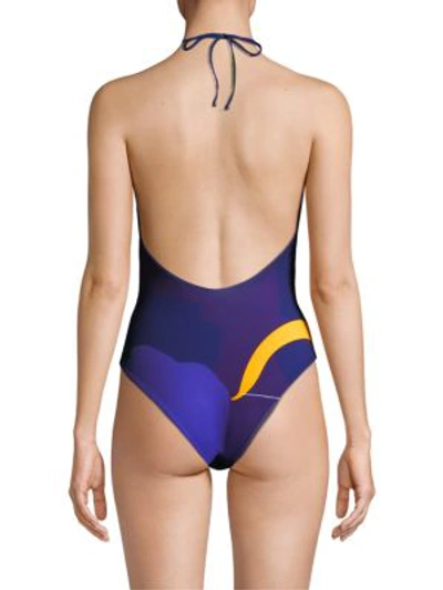 Shop Missoni Multicolored One-piece Halter Swimsuit In Blue Fire