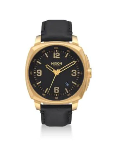 Shop Nixon Leather Strap Watch In Gold Black