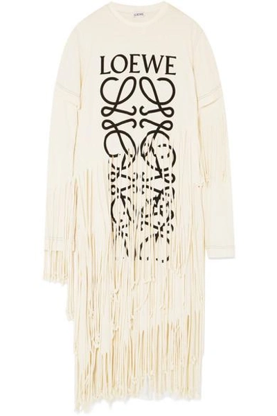 Shop Loewe Fringed Printed Cotton And Silk-blend Jersey Dress In Beige
