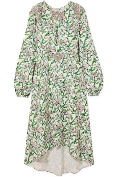 Shop Dodo Bar Or Crystal-embellished Floral-print Crepe Dress In Green