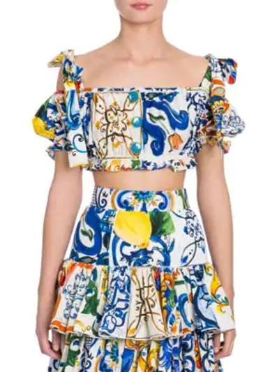 Shop Dolce & Gabbana Maiolica Cotton Tie-shoulder Crop Top In Multi