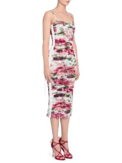 Shop Dolce & Gabbana Tulle Stampa Peonie Ruched Lace-up Dress In Ivory Peony Print