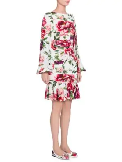 Shop Dolce & Gabbana Charmeuse Stampa Peonie Full Sleeve Ruched Dress In Ivory Peony Print