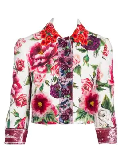Shop Dolce & Gabbana Brocade Stampa Peonie Cropped Jacket In Ivory Peony Print