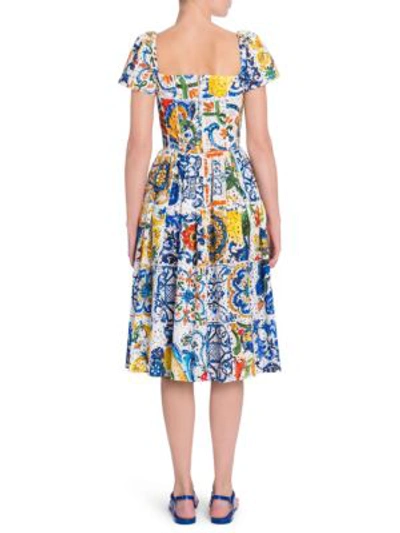 Shop Dolce & Gabbana Maiolica Print Eyelet Cotton Poplin Dress In Maiolica Tile Print