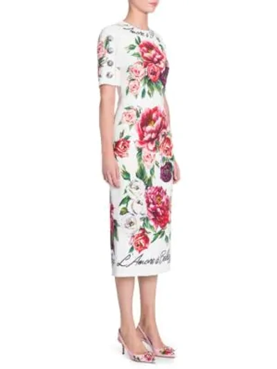 Shop Dolce & Gabbana Peonie Print Cady Dress In Ivory Peony