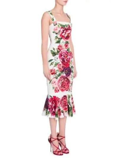Shop Dolce & Gabbana Charmeuse Stampa Peonieflutter Hem Dress In Ivory Peony Print