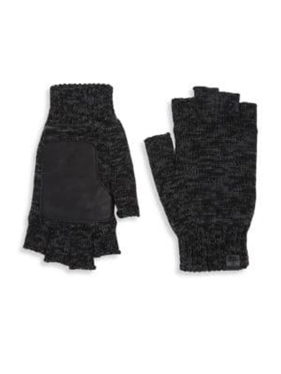 Shop Bickley + Mitchell Leather Patch Wool Fingerless Gloves In Black