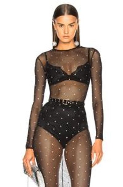 Shop Alessandra Rich Mesh Bodysuit With Crystals In Black