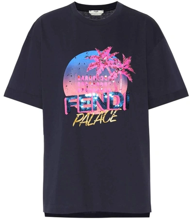 Shop Fendi Cotton Sequined Logo T-shirt In Blue