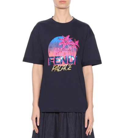 Shop Fendi Cotton Sequined Logo T-shirt In Blue