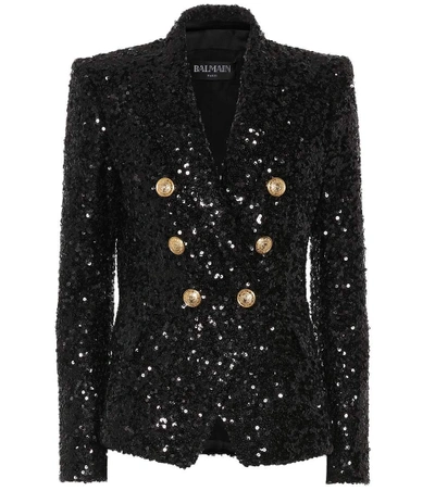 Shop Balmain Sequined Double-breasted Blazer