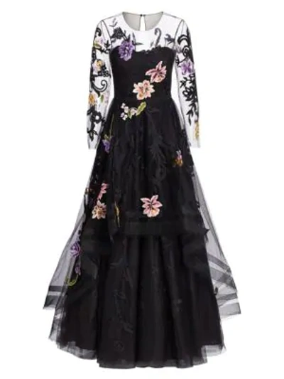 Shop Ahluwalia Bridget Floral-embroidered Gown In Jet