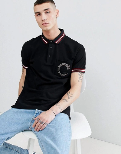 Shop Cavalli Class Tipped Polo Shirt In Black With Logo - Black