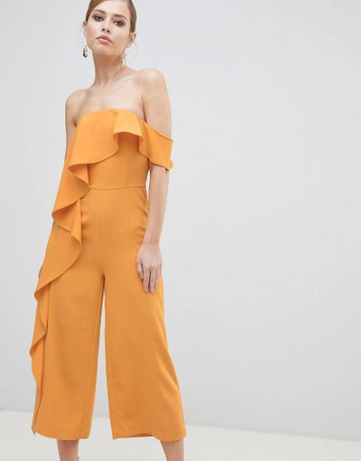 Shop Lavish Alice Off Shoulder Culotte Jumpsuit With Frill - Yellow
