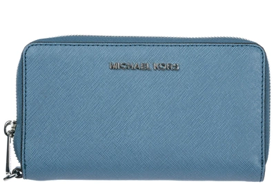 Shop Michael Kors Women's Wallet Genuine Leather Coin Case Holder Purse Card Bifold Jet Set Travel Lg Coin Phone Case In Blue