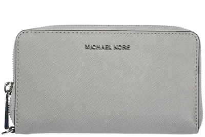 Shop Michael Kors Women's Wallet Genuine Leather Coin Case Holder Purse Card Bifold Jet Set Travel Lg Coin Phone Case In Grey