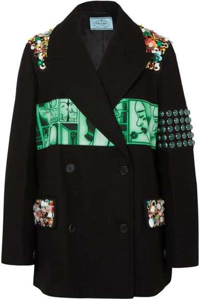 Shop Prada Embellished Printed Cotton-twill Blazer In Black