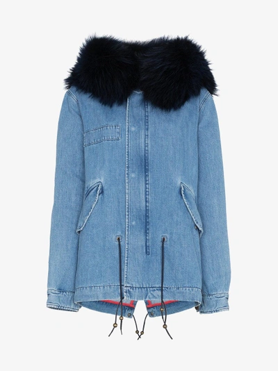 Shop Mr & Mrs Italy Denim Jacket With Fur Ruff In Blue